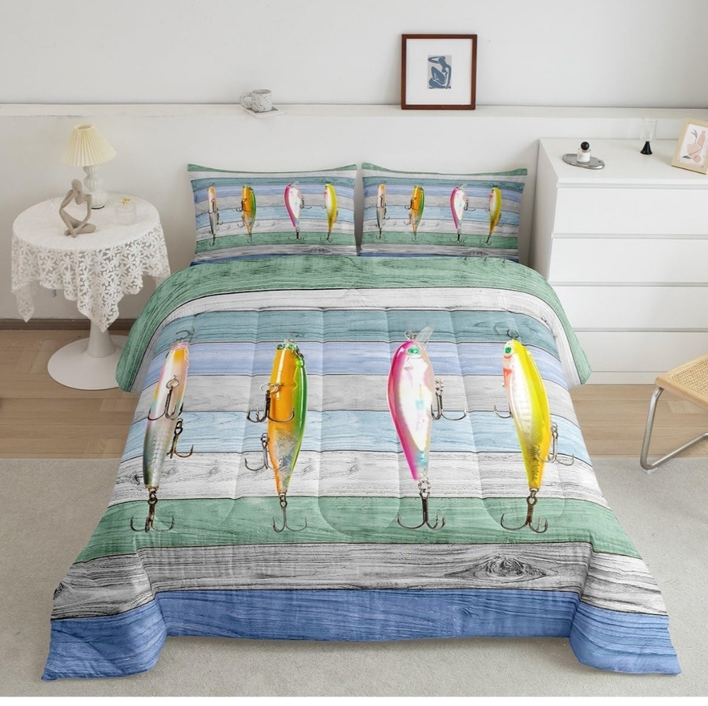 New 3 Piece Fishing Lure Print Bedding Set - Green, Blue, Yellow Full Size